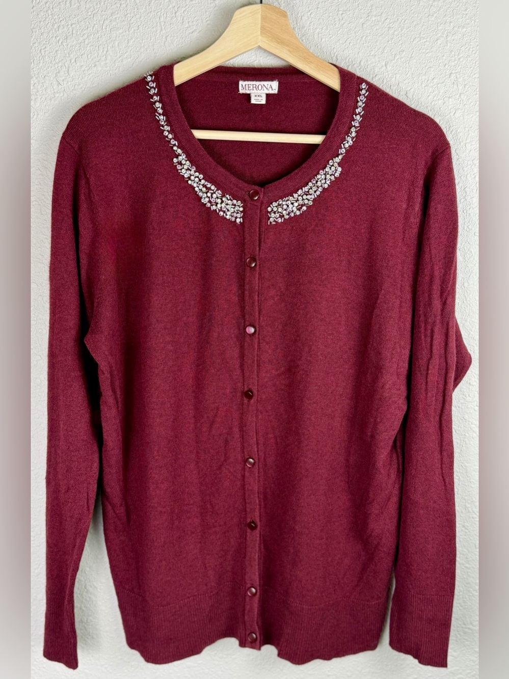 Merona Embellished Cardigan XXL Burgundy Jewel Neck Button Sweater